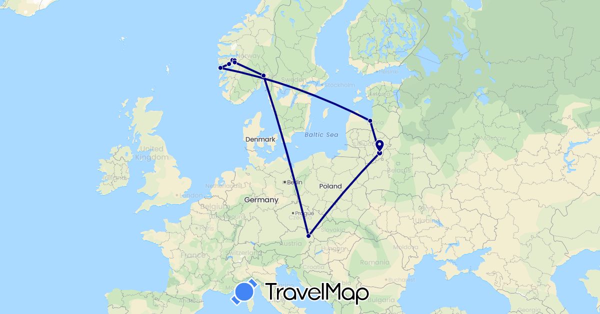 TravelMap itinerary: driving in Austria, Lithuania, Latvia, Norway (Europe)